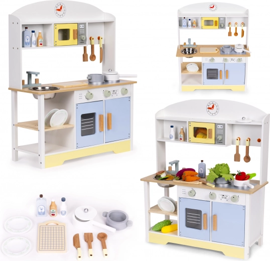Дървена детска кухня с фурна, пералня и микровълнова ECOTOYS – 12 аксесоара