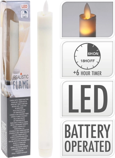 LED candle 23 cm with flickering flame and timer, ivory