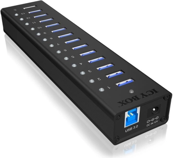 Icy Box активен USB 3.0 хъб от алуминий, 13 порта + порт за зареждане