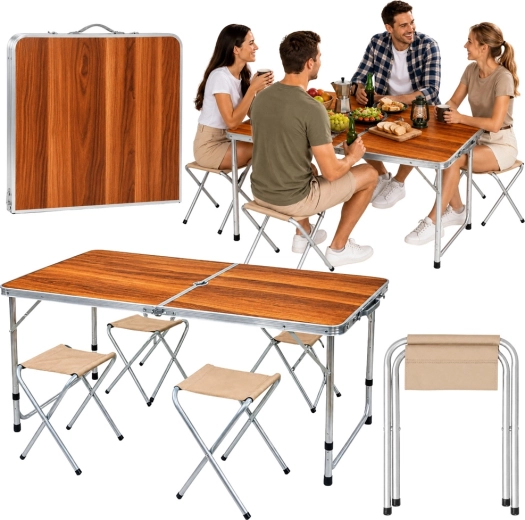 Foldable camping set: table and 4 stools in a suitcase, wood-look finish