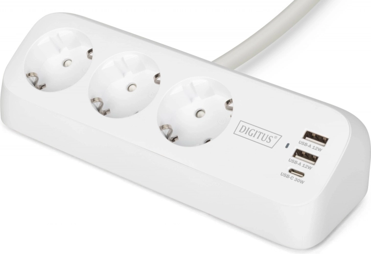 Настолен удължител със скоба, 3 гнезда Schuko, 2× USB‑A 12 W, 1× USB‑C 30 W, кабел 1,5 m, бял