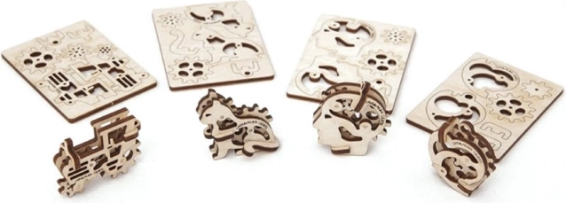 Ugears 3D механичен дървен пъзел – 4 механични висулки Символи на персонажи