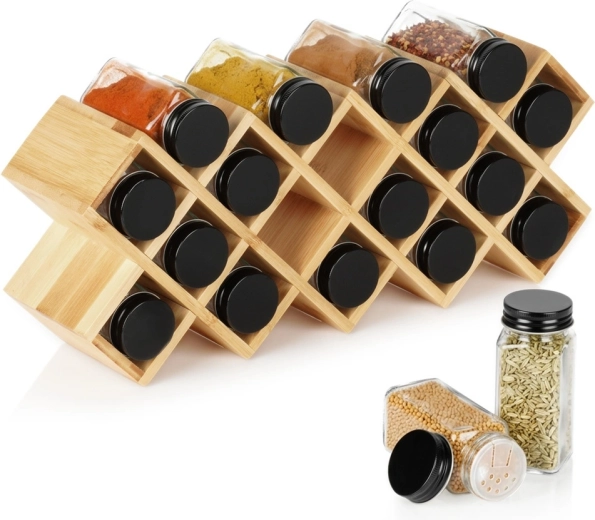 Bamboo spice rack Vilde with 18 glass jars, 42 × 10 × 17 cm