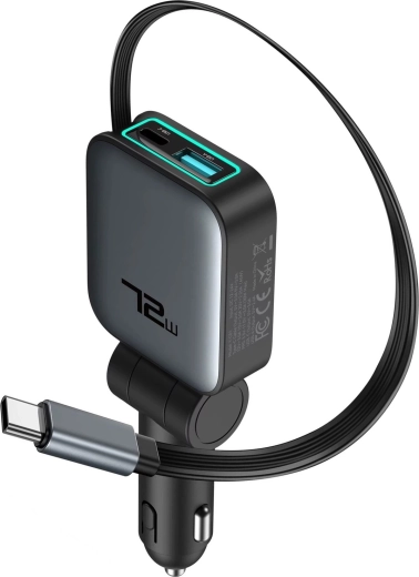 Renew Force 3-in-1 72 W Car Charger with Retractable USB-C Cable