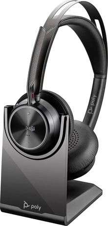 Стерео Bluetooth слушалки Poly Voyager Focus 2 със сертификат за Microsoft Teams, USB-C и докинг станция за зареждане