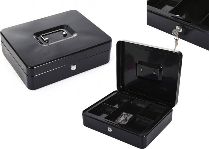 Double-layer metal cash box with dividers and two keys black
