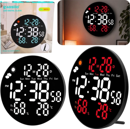 Gaosio digital LED wall clock 25 cm with temperature, humidity and remote control