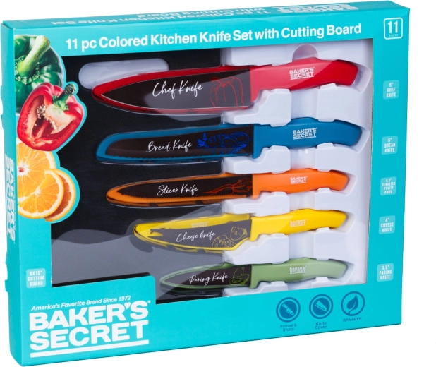 Baker's Secret 11-Piece Set of Colorful Kitchen Knives with Cutting Board