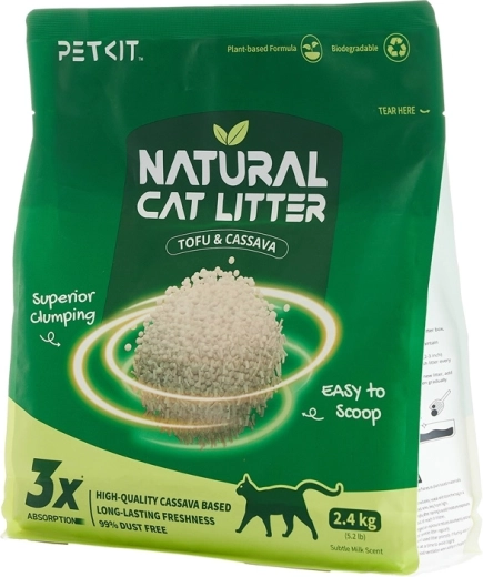 Petkit Natural котешка тоалетна постелка - естествена бучкуваща постелка за котки (4× 2,4 kg)