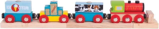 Bigjigs Rail товарен влак със стоки и 3 релси