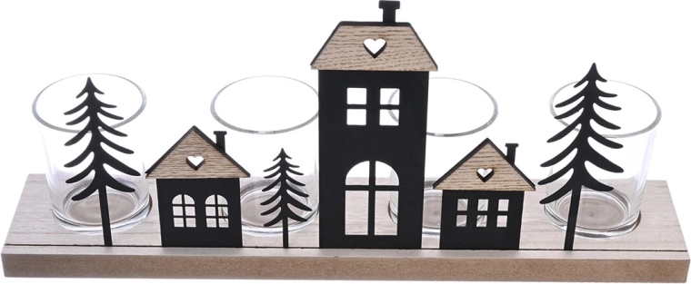 Advent candle holder – wooden and metal houses, 37 × 7 × 16 cm