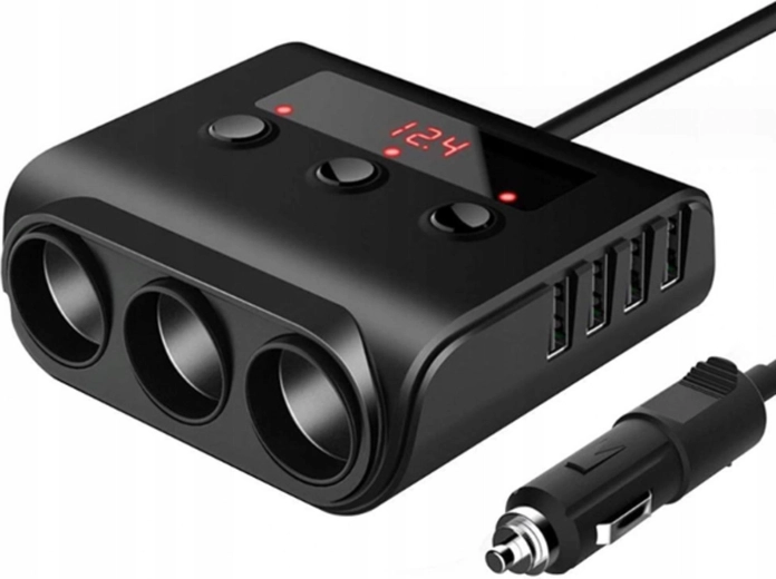 Car cigarette lighter splitter with 3 sockets and 4 USB ports