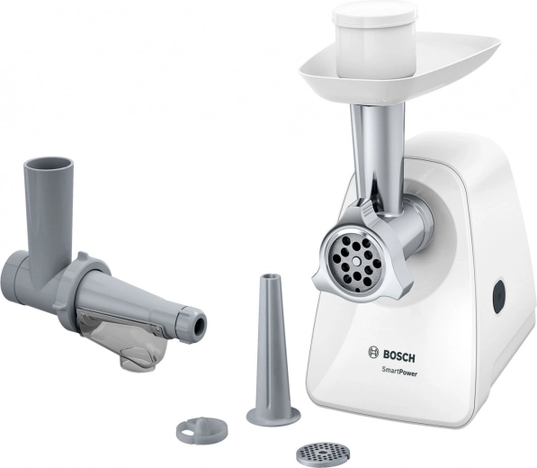 Електрическа месомелачка Bosch MFW2515W, компактна 1500 W с приставки за наденици и за пасиране