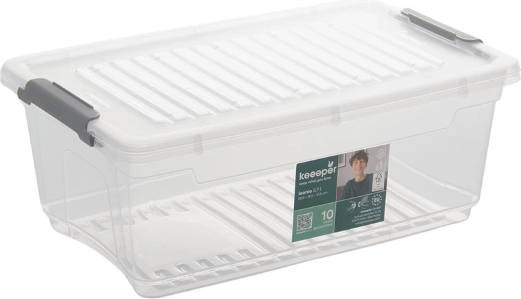 Plastic storage box with lid and clips, 3.7 L