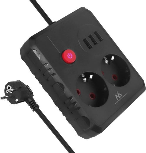 Компактна удължителна лента със защита от пренапрежение – 2 контакта и 3× USB, 2500 W, 3 m, черна