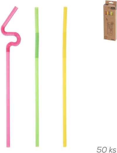 Reusable plastic drinking straws 24 cm with long flexible joint, assorted colors, 50 pcs