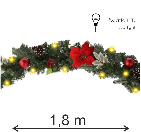 Коледна LED гирлянда 180 см, червено‑златна, 20 LED