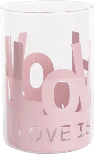 Glass candle holder Love with a pink metal sleeve