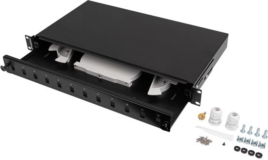 Slide-out fiber optic patch panel 19" 1U, 12× SC simplex / 12× LC duplex, black + accessories