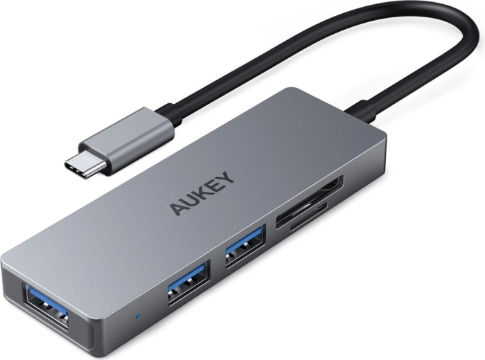 Aukey ултратънък алуминиев USB-C хъб 4 в 1 (3× USB 3.1, SD и microSD)