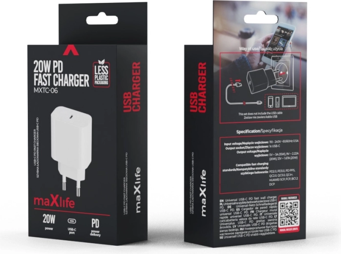 Maxlife 20W Wall Charger USB-C with PD and QC support, white