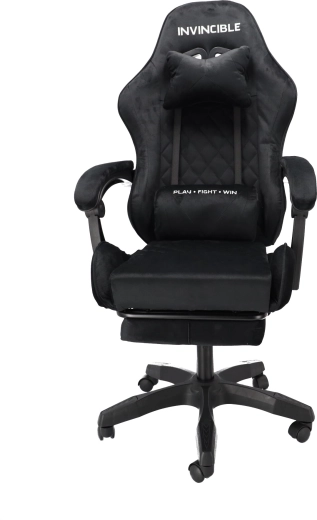 Invincible gaming chair in black velour with retractable footrest
