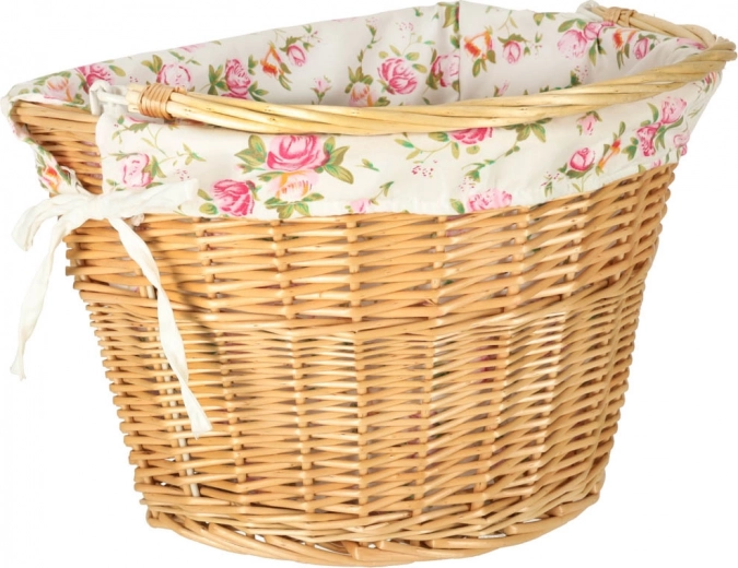 Wicker front bicycle basket with floral liner and quick-release click