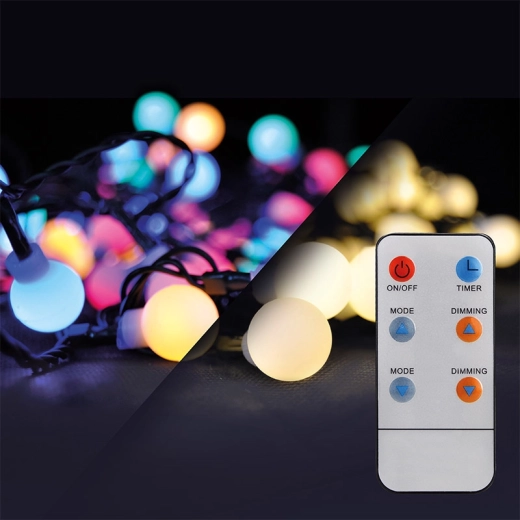Solight външна LED коледна верига 2в1 с топки и дистанционно управление, 100 LED, RGB + неутрално бяло, 10 m + 5 m, IP44