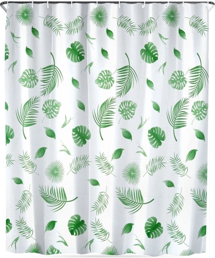 Waterproof shower curtain with hooks 180 × 180 cm, green leaves