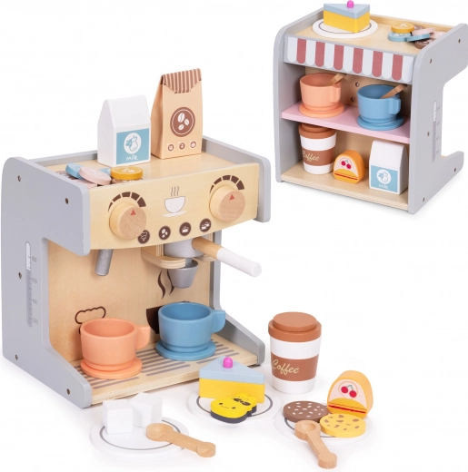 Дървена кафемашина за деца 2в1 с кафене и 26 аксесоара ECOTOYS