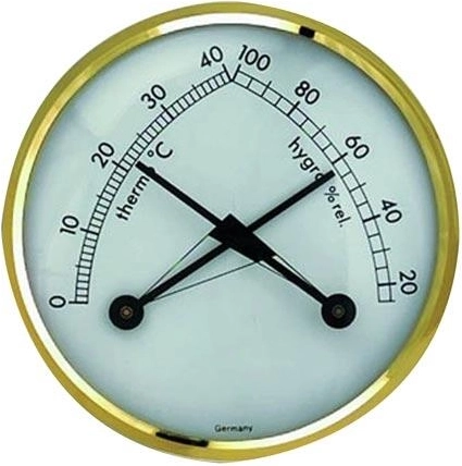 Metal thermometer and hygrometer with brass ring, 7 cm diameter, wall-mounted