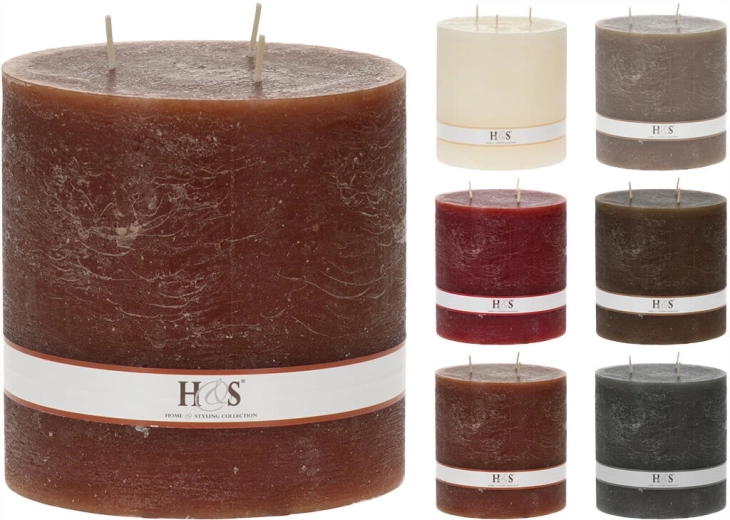 Rustic pillar candle 14 × 14 cm with 3 wicks – color mix