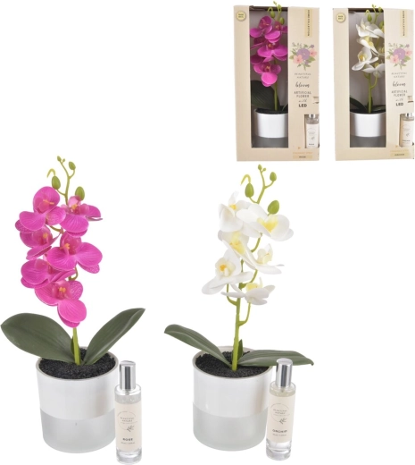 Decorative orchid in a planter with LED lighting and 30 ml fragrance spray