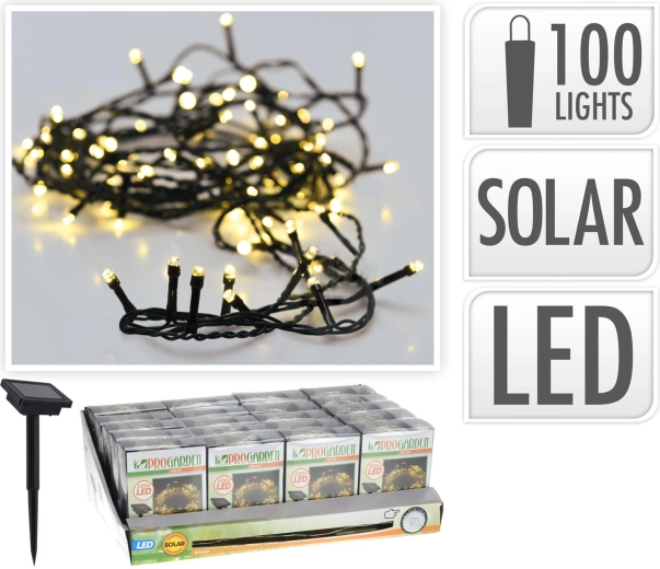 Соларна коледна LED светлинна верига 2 м, 100 LED, топло бяла, зелен проводник