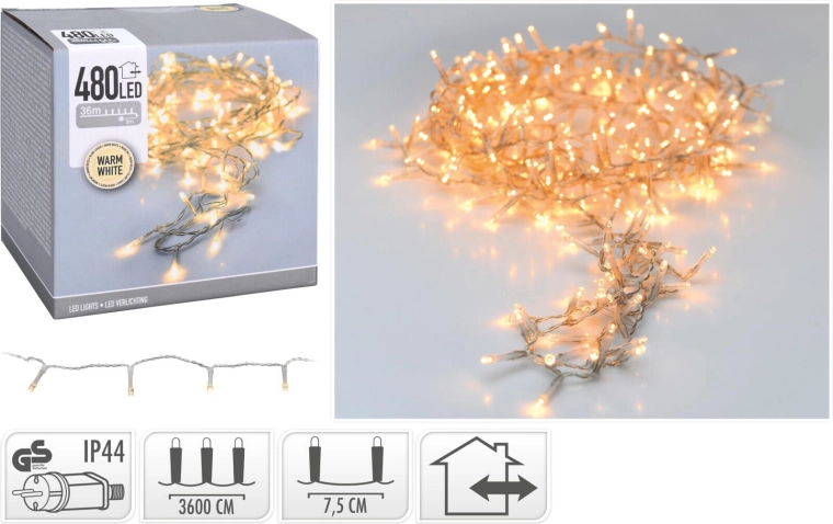 Christmas LED String 36 m, 480 LEDs, warm white, transparent wire, IP44
