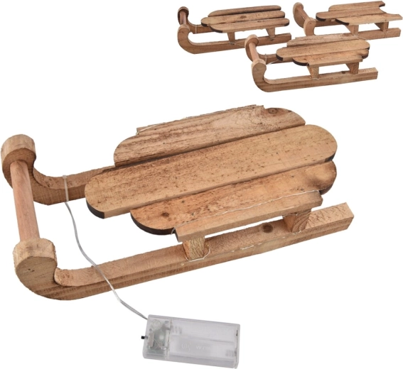 Wooden Decorative Sleigh with LED Lighting, Brown, 30 × 13 × 8 cm (3 variants)