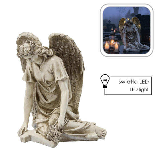 Статуя на ангел с кръст и LED венец, бежова 34 × 26,5 × 38 cm