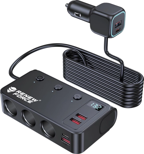 Renew Force Car Socket Splitter with 3 Sockets and 4 USB Ports