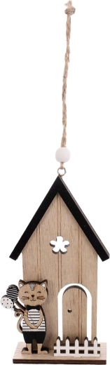 Hanging wooden house with cat, beige