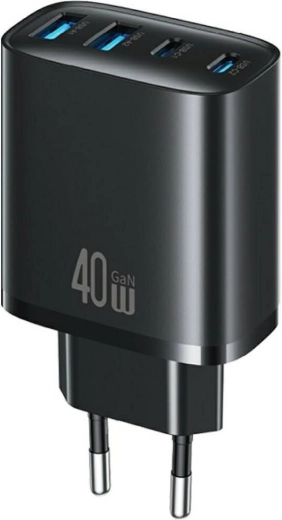 USAMS T70 Wall Charger 40 W, 2× USB-A + 2× USB-C, Black