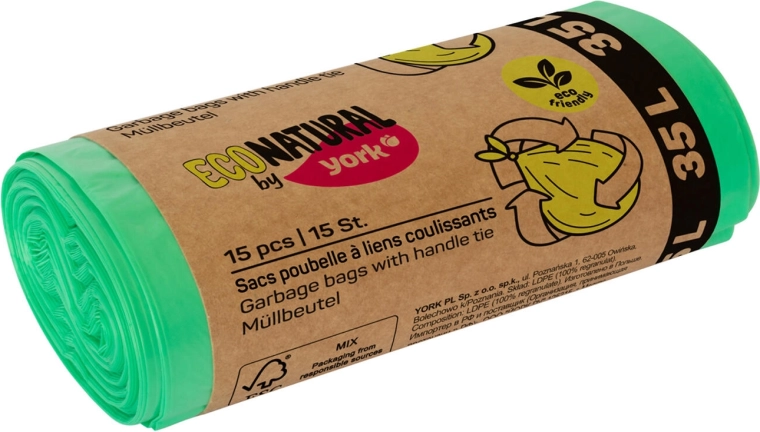 Eco-friendly trash bags with handles 35 l, green, 50 × 60 cm (15 pcs)