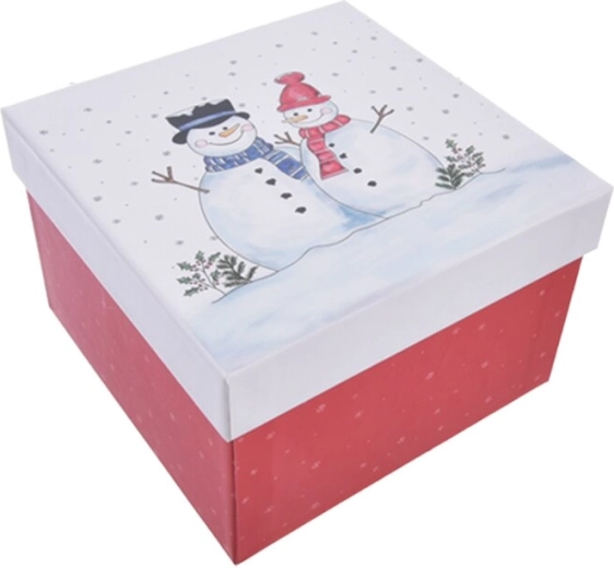 Gift paper box with snowmen, red, 15.5 × 15.5 × 10 cm