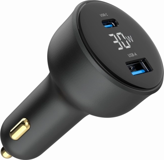 Бързо автомобилно зарядно (адаптер) 30 W с LCD, USB‑C PD и 2× USB‑A, черно