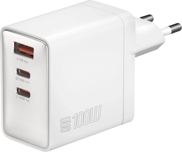 Pocket 100W GaN Wall Charger, 2× USB‑C + USB‑A, White