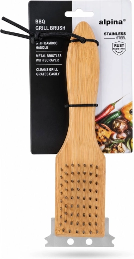 Grill cleaning brush with wooden handle