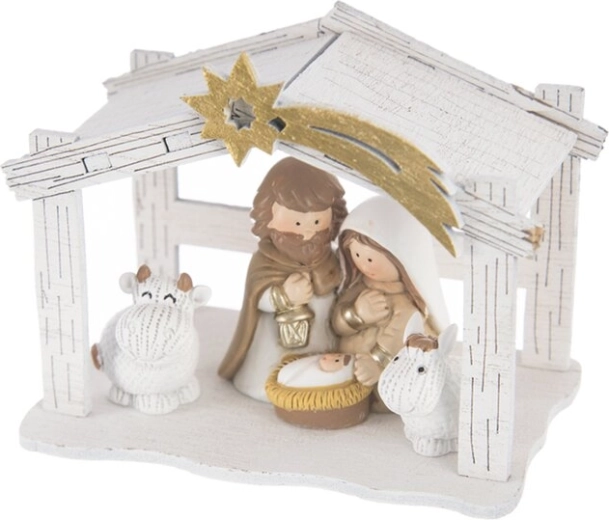 White Christmas nativity scene made of wood and polyresin