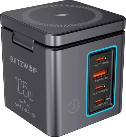 BlitzWolf GaN Wall Charger 105 W with USB-A, 3× USB-C and Wireless Charging