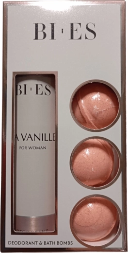 Подаръчен комплект BI-ES La Vanille за жени – 3× шуптяща бомба за вана + дезодорант спрей