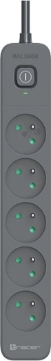 Surge-protected extension socket TRACER Power Line+ 1.8 m, graphite, 5 outlets