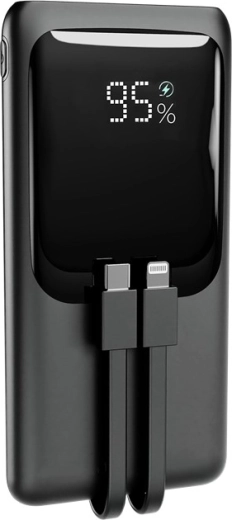 10,000 mAh power bank with integrated cables, LCD display and 20 W fast charging, black